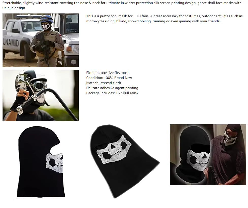 Halloween Mask Movie War Game Call Commander Party Mask Unisex Balaclava Mask Cosplay Ghosts Skull Mask Headwear