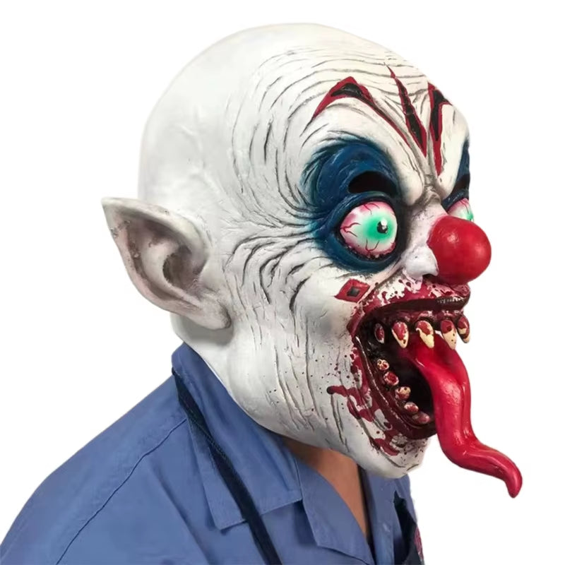Halloween Horrific Clown Mask with Bloody Long Tongue Red Nose Devil Costume