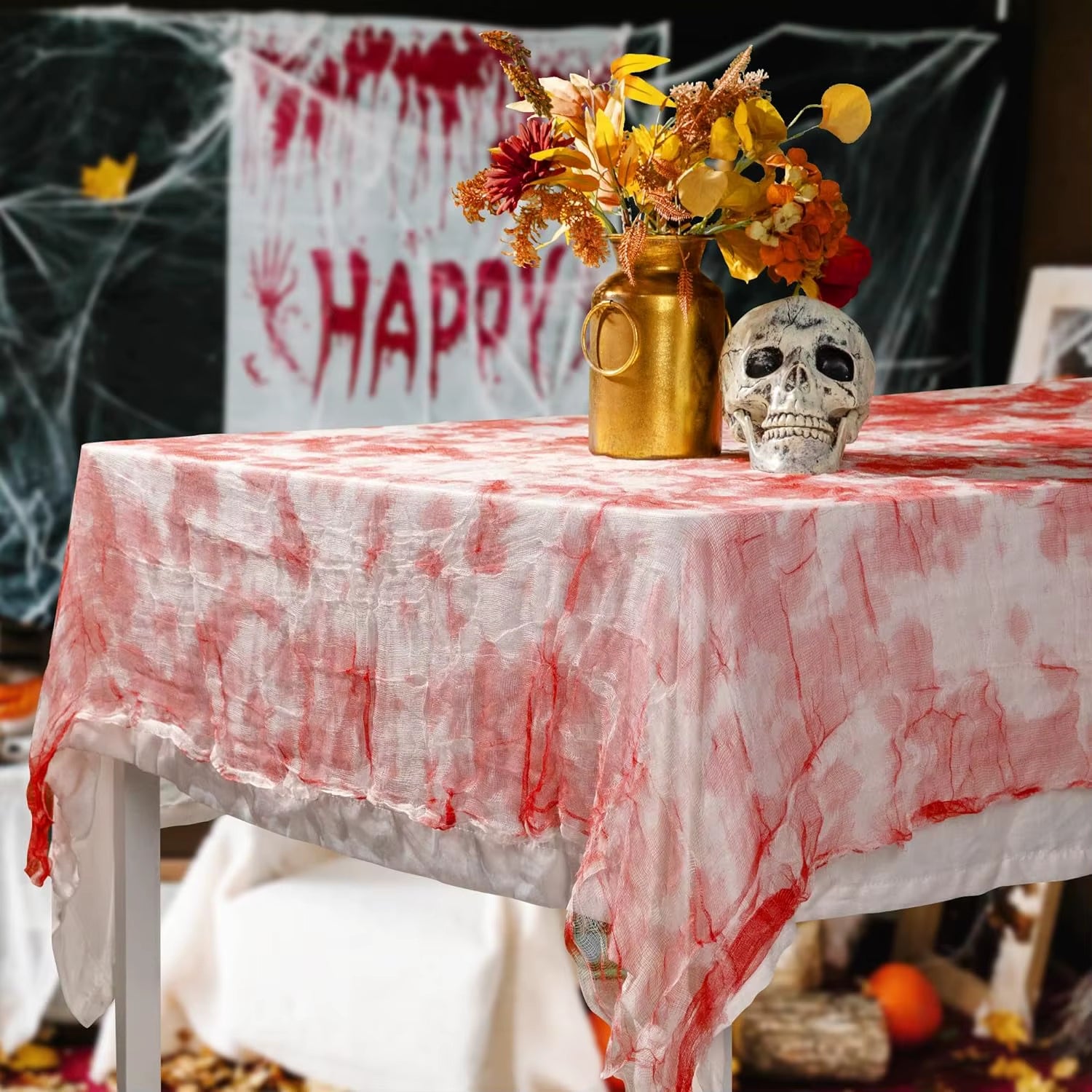 Halloween Bloody Gauze Tablecloth,1.52*2.15M(60*85Inch) Bloody Handprint Rectangle Table Cover for Halloween Party Table Decor