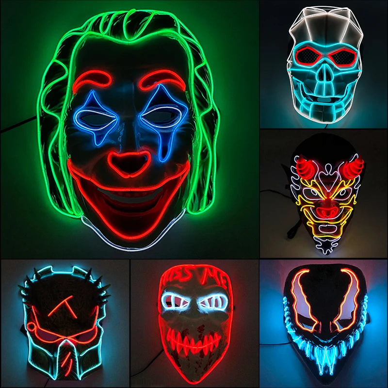 LED Halloween Mask Luminous Neon Mask Glow in the Dark Mascaras Halloween Party Costume Cosplay Masques Props Horror Mask