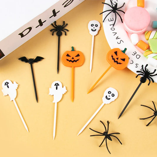 10/20Pcs Plastic Halloween Toothpicks Halloween Cupcake Topper Ghost Bat Spider Fruit Toothpicks Halloween Party Decoration 2024