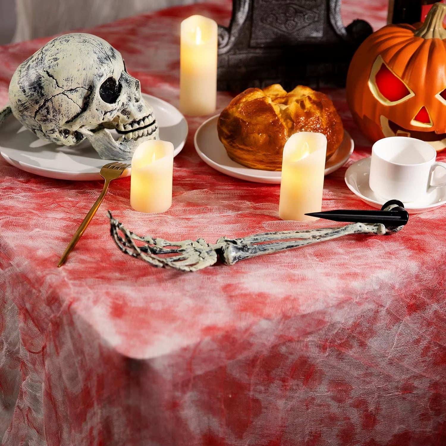 Halloween Bloody Gauze Tablecloth,1.52*2.15M(60*85Inch) Bloody Handprint Rectangle Table Cover for Halloween Party Table Decor