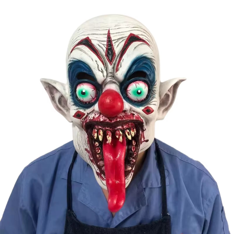 Halloween Horrific Clown Mask with Bloody Long Tongue Red Nose Devil Costume