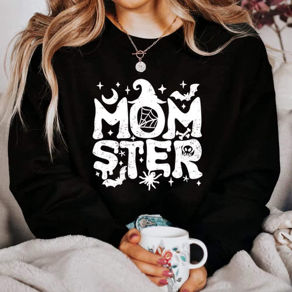 Momster Sweatshirt Halloween Mom Sweater Funny Halloween Shirt Pumpkin Hoodie Women Halloween Long Sleeves Sweatshirts