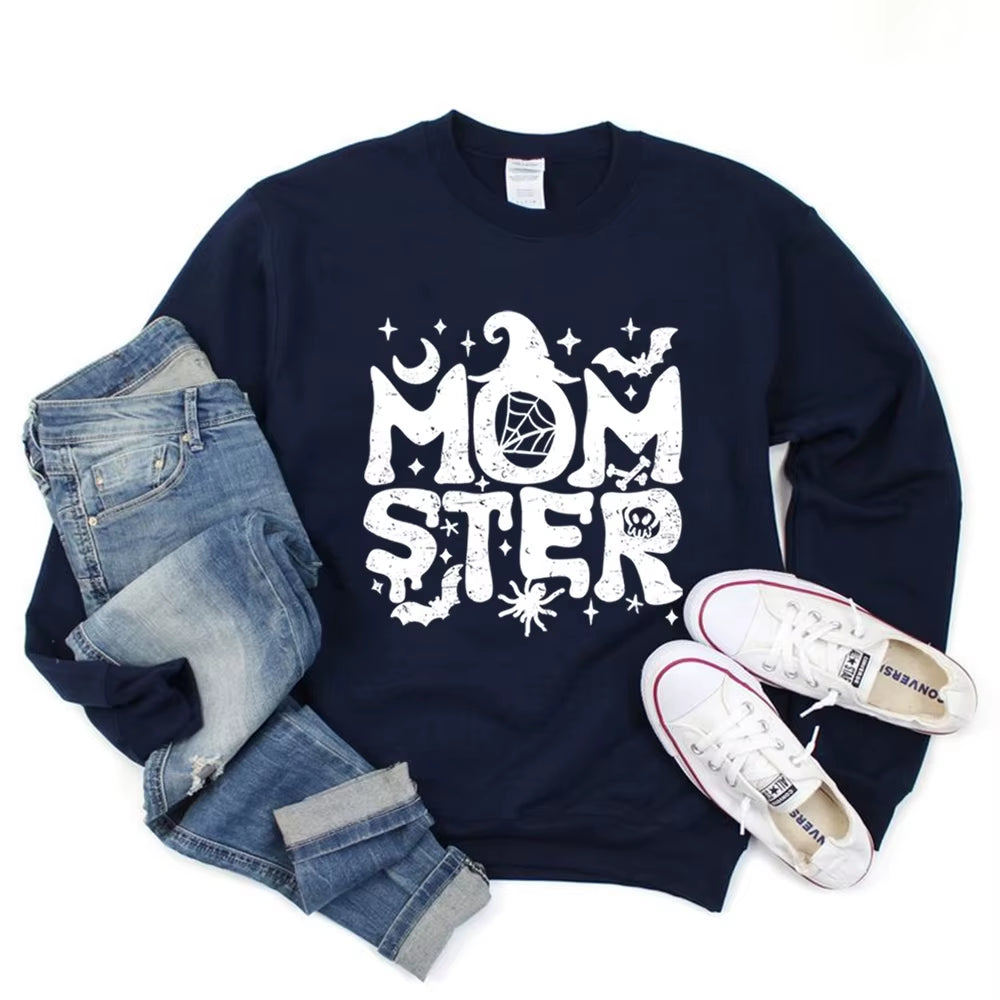 Momster Sweatshirt Halloween Mom Sweater Funny Halloween Shirt Pumpkin Hoodie Women Halloween Long Sleeves Sweatshirts