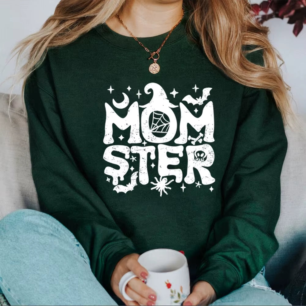 Momster Sweatshirt Halloween Mom Sweater Funny Halloween Shirt Pumpkin Hoodie Women Halloween Long Sleeves Sweatshirts